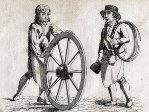 Charron szekérkerékkel és inassal Metszet 18. század vége. alkotó: Unknown artist