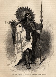 Sárga mokaszin főnök, a varjú indián törzsből, a Lewis folyó mentén él. A kolumbiai és felső-missouri medencék indián törzsei között tett kirándulást illusztráló metszet, G. Catlin 1855-ben, megjelent a „le tour du monde”-ban, a alkotó: Unknown artist