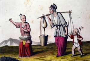 Kína. Egy nő, aki vizet cipelt, 2 gyerek kíséretében, a nagyobbik egy kosár rizses. századi nyomatok. alkotó: Unknown artist