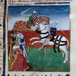 Lovagi torna Tristan és Palamede között. Miniatűr a „Tristán regénye” című kéziratból, amely Charles of Maine-i mesternek szól alkotó: Unknown artist