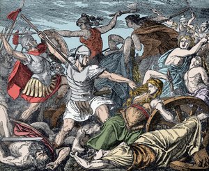 Cimbris nők megvédik a kocsierődjüket - Római ókor, Cimbres háború: Cimbres nők feláldozása a római katonák ellen alkotó: Unknown artist