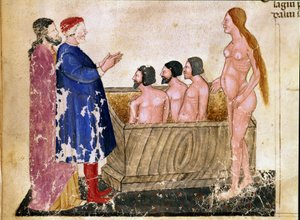Adulátorok köre: Dante és Vergilius találkozik Alessio Interminellivel (vagy Intermineiivel), Lucca urával és Thaisszal, a prostituálttal. Megvilágított oldal, amely a Pokol 18. dalát illusztrálja Dante Alighieri (1265-1321) „Divina Commedia” című művéből. alkotó: Unknown artist