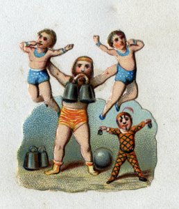 Cirkusz: egy alterofil karnyújtásnyira emel fel két férfit, miközben súlyt tart a fogai között, hogy bemutassa, mire képesek az izmai. Kromolitográfia 1890 körül. alkotó: Unknown artist