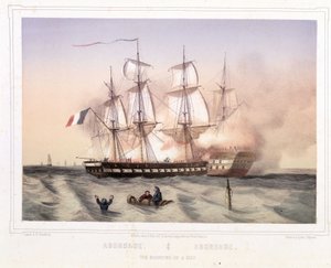 Egy hajó ütközése a francia zászló alatt kalózok által - litográfia alkotó: Unknown artist