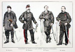 A mozgósított békefenntartók parancsnokai (hadosztályfelügyelők), balról jobbra: Mr. Foucault, Mr. Giobergia, Mr. Vassal, Mr. Archer. Színes rézkarc, illusztrációként a „Békefenntartók Hadtestének története” című könyv gondozásában megjelent alkotó: Unknown artist