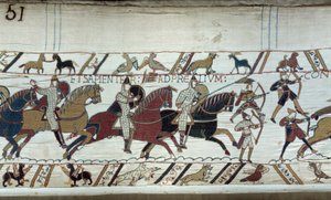 Anglia meghódítása Normandia hercege, Hódító Vilmos (1027-1087) által 1066-ban: a Hastings-i csata kezdete A Bayeux-i kárpit vagy Mathilde királynő hímzése részlete alkotó: Unknown artist