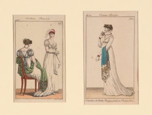 "Costume Parisien" divatlapok a Journal des Dames et Des Modes és a Costume Parisien (A Hölgyek és a Divat folyóirat) című lapokból alkotó: Unknown artist