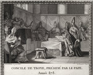 Trójai zsinat 878. szeptember 7-én. 878 májusában VIII. János pápa szaracénok és olasz nemesek által fenyegetve Arlesba érkezett, Boson herceg és felesége, Ermengarde vezetése alatt. Elkíséri Troyesbe, vagy nagytanácsot szervez. alkotó: Unknown artist