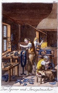 Craft craft: a sarkantyú, a zsugorkefét gyártó műhelyükben. Johan Peter Vire „” Átfogó leírása a művészetekről és a kézművességről és a műhelyekről fiataloknak” című könyvében. Szerk. Nürnberg, Weigel és Schneider alkotó: Unknown artist