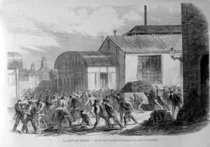 Creusot sztrájk. A sztrájkolókat taszító beállító műhelyek dolgozói. Metszet 19. század. alkotó: Unknown artist