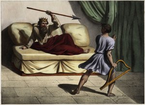 Dávid cithart játszik Saul király előtt, hogy megnyugtassa őt. Névtelen metszet a 19. század közepéről. alkotó: Unknown artist