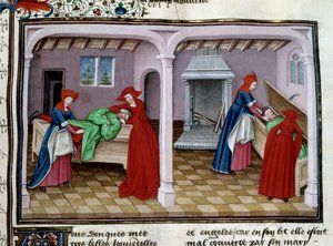 Halál A betegnek gyötrelmei vannak. Halála után holttestét koporsóba helyezik. Miniatűr Jean Boccaccio (Giovanni Boccaccio) (Giovanni Boccaccio) (1313-1375) „Le decameron” című művéből 1450 Párizs, az Arzenál könyvtára alkotó: Unknown artist