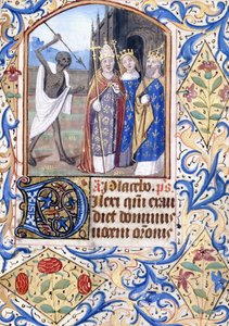 Halál lándzsájával, amely három alakra mutat, egy pápa, egy király, egy király és egy királynő, egy gótikus templom előtt állva, 1470 körül alkotó: Unknown artist