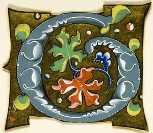 Díszített "G" kezdőbetű szürke színben, piros, zöld és kék levelekkel egy kéziratból alkotó: Unknown artist