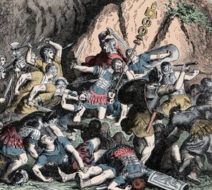 Fábiánusok veresége – Második pun háború (Kr. e. 218-201): a Fabius hadsereg veresége és Fabius Maximus uzsorastratégiája (Quintus Fabius Maximus Verrucosus, más néven Cunctator (az időmérő) vagy Ovicula, Kr.e. 275-203 körül ), az ar kifosztása ellen alkotó: Unknown artist
