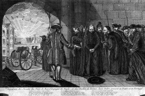 A jezsuiták deportálása 1773. 07. 21-én: Jezsuiták kiűzése a spanyol király államaiból, Nápolyból és a pármai hercegségből, rendjeik betiltása Franciaországban és Portugáliában. század elejéről származó metszet alkotó: Unknown artist