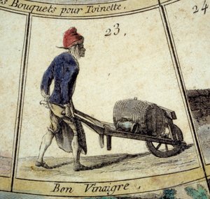 Részlet a Cree of Paris liba játékából: ecetkereskedő. 18. századi metszet. Coll. Kilépő. alkotó: Unknown artist