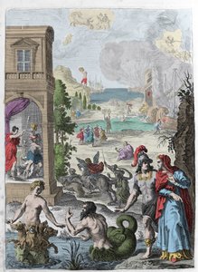 Különböző metamorfózisok, előtérben Scylla és a belé szerelmes Glaukosz tengeri isten, a háttérben Anaxarete felakasztott Iphis-rejetes. Az illusztráció a „Metamorfózisok” (Metamorfosi) XIV. könyvéből származik, Ovide (Kr. e. 43-17). Gravírozás 1 alkotó: Unknown artist