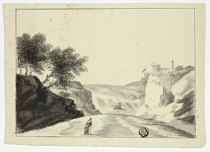 Drapírozott figura tájban kastéllyal a sziklán alkotó: Unknown artist