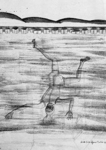 15. századi rajz, amely egy férfit ábrázol, aki valami maszkkal megy a vízbe. alkotó: Unknown artist