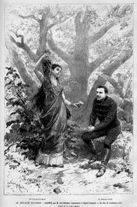 A harmadik felvonás duója Leo Delibes „Lakme” című operájának Marie van Zandt énekesével, Edmond Gondinet és Philippe Gille 1883. április 14-én lépett fel először a párizsi Opera Comique-ban. Metszet a „” Le Monde illustrious”-ban, 1883. Magánkollégium alkotó: Unknown artist
