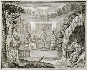 Szövőszéken dolgozó nőket ábrázoló metszet. 18. század eleje. alkotó: Unknown artist