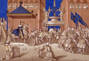 VII. Károly (1403-1461) bejárata Párizsba. 19. századi kromolitográfia. alkotó: Unknown artist