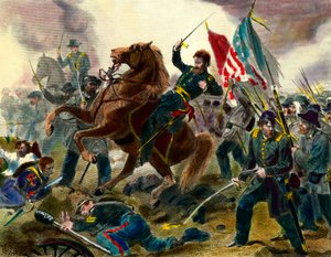 A szecessziós háború epizódja (1862-1865) vagy polgárháború az Egyesült Államokban: Ulysses Simpson Grant amerikai tábornok, a Szövetségi Erők (1822-1885) a Konföderációs Államok csapatai elleni csatában. századi Private Collecti metszet alkotó: Unknown artist