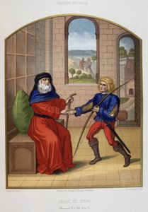 Ézsau a vadászfegyvereivel és apja, Izsák. 19. századi kromolitográfia. alkotó: Unknown artist