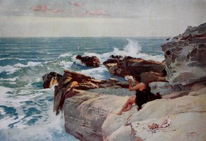 Este a tenger mellett, fiatalember ül a parton egy nagy kagylóval alkotó: Unknown artist