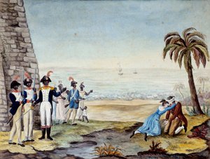 Egy telepes kivégzése: Egy telepes kivégzése az 1791-es Santo Domingo-i (Közép-Amerika, Antillák) felkelés során. 18. századi metszet. Chartres, Szépművészeti Múzeum alkotó: Unknown artist