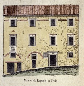 A ház homlokzata, ahol a festő Raffaello Santi (Raphael) (1483 - 1520) élt Urbinban, Olaszországban alkotó: Unknown artist