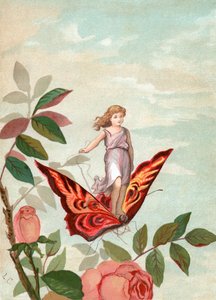 Tündér, aki rózsák között pillangón lovagol alkotó: Unknown artist