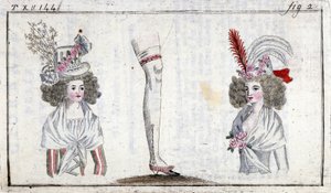 18. századi divat: női frizura és harisnyakötő 1788 körül. alkotó: Unknown artist
