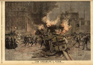 Omnibuszok és villamosok tüze Párizsban: egy brutálisan elfojtott diáktüntetés általános zavargásba fajul. Metszet a „” Le petit Journal”-ban, 1893.07.22. Selva gyűjteménye. alkotó: Unknown artist