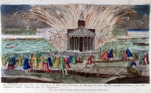 Tűzijáték lőtt a Place de Louis XV 1770. május 30-án, Louis Auguste, a francia Dauphin és Marie Antoinette főhercegnő, a császár nővére házassága alkalmából. 18. század végi metszet. alkotó: Unknown artist