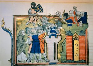 Az első keresztes hadjárat: Godefroi (vagy Godefroy) Bouillonból (1058-1100) egy kerek toronyban megtámadta Jeruzsálemet 1099-ben. Miniatűr a „” Roman De Godefroy De Bouillon et de Saladin”-ból” alkotó: Unknown artist