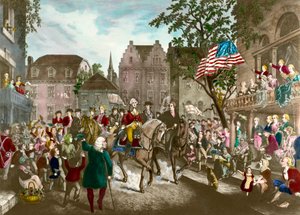 Az amerikai függetlenségi háború első része: George Washington (1732-1799) diadalmaskodó belépése New Yorkba az angolok veresége után alkotó: Unknown artist
