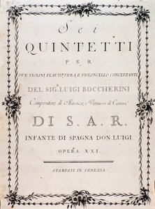 Luigi Boccherini "" hat kvintettje két hegedűre, brácsafuvolára és csellóra "" kottájának első oldala alkotó: Unknown artist