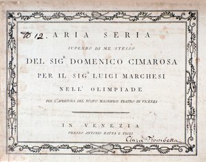 Domenico Cimarosa Aria Seria című kottájának első oldala alkotó: Unknown artist