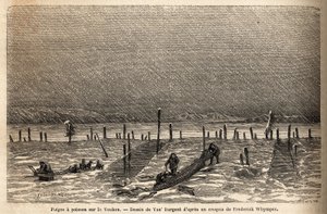 Halcsapdák, amelyeket a Yukon folyó partján helyeztek el (Kanada szélsőséges északi része). Metszet az angol Kolumbiában, Vancouver-szigeten és Alaszkában zajló utazás és kalandok illusztrálására, Frederick Whymper alkotó: Unknown artist