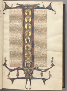 Fol. 1r, Genesis, egész alakos, történeti I-es kezdőbetűvel, a teremtés és a keresztre feszítés ábrázolásával, mindez fényezett arany alapon, rózsaszínű és kék keretben, felül és alul csúcsíves sárkány- és lombhajtásokkal, amelyeken egy-egy variáns ül. alkotó: Unknown artist