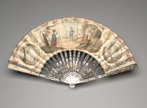 Összecsukható legyező pásztorjelenettel, 1770-es évek (gouache és w/c egyetlen pergamenlevélen, gyöngyház, aranyozás és paszta drágakő) alkotó: Unknown artist