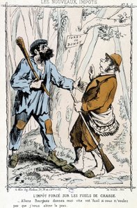 Kényszeradó a sörétes puskákra: "Menjünk burzsoj, add gyorsan a fegyvered, ha nem akarod, hogy tönkretegyem a bőrödet" - karikatúra az "új adókról" alkotó: Unknown artist