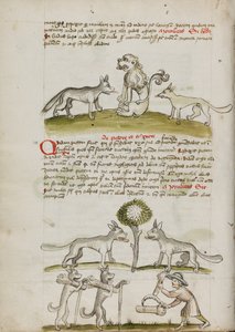 Róka és farkas egy oroszlán előtt; Két farkas egy fa alatt búzabálákat vonszol; Egy gazda búzakévéket kötögetve alkotó: Unknown artist