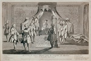 Franc-Maconnerie: „” Francs Macons gyűlése a mesterek fogadására”” Ünnepély a címzett páholyba való belépésére. Ő látható a bal oldalon, a második felügyelő egy makonikus tőrt mutat rá. A nagymester a alkotó: Unknown artist