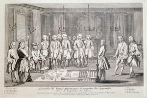 Freemaking: „Macons Francs Gyűlés a tanoncok felvételére” Ünnepélyes belépés a páholyba. Csíkos szemmel halad előre, a második felügyelő irányításával a (bal oldalon ülő) nagymester felé. A th alkotó: Unknown artist
