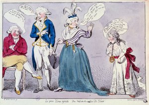 Francia forradalom: Karikatúra Marie Antoinette királynő (1755-1793) és XVI. Lajos családja ellen, akiket bezártak a templomi börtönbe. A királyné és a király nővére, Erzsébet asszony a király szeme alatt vitatkoznak. Szavaik buborékokba vannak írva alkotó: Unknown artist