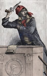 Francia forradalom: Jean Paul Marat (1743-1793) portréja, a konvent Montagnard-i képviselője, pisztolyt ágaz a pódiumon - alkotó: Unknown artist