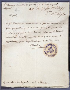 Francia forradalom: 1793. február 26-án kelt, kézzel írott levél egy Merlin névtől a hollandiai Breda város elfoglalásáról Dumouriez tábornok február 24-én. Nord Lille Osztályi Levéltára alkotó: Unknown artist